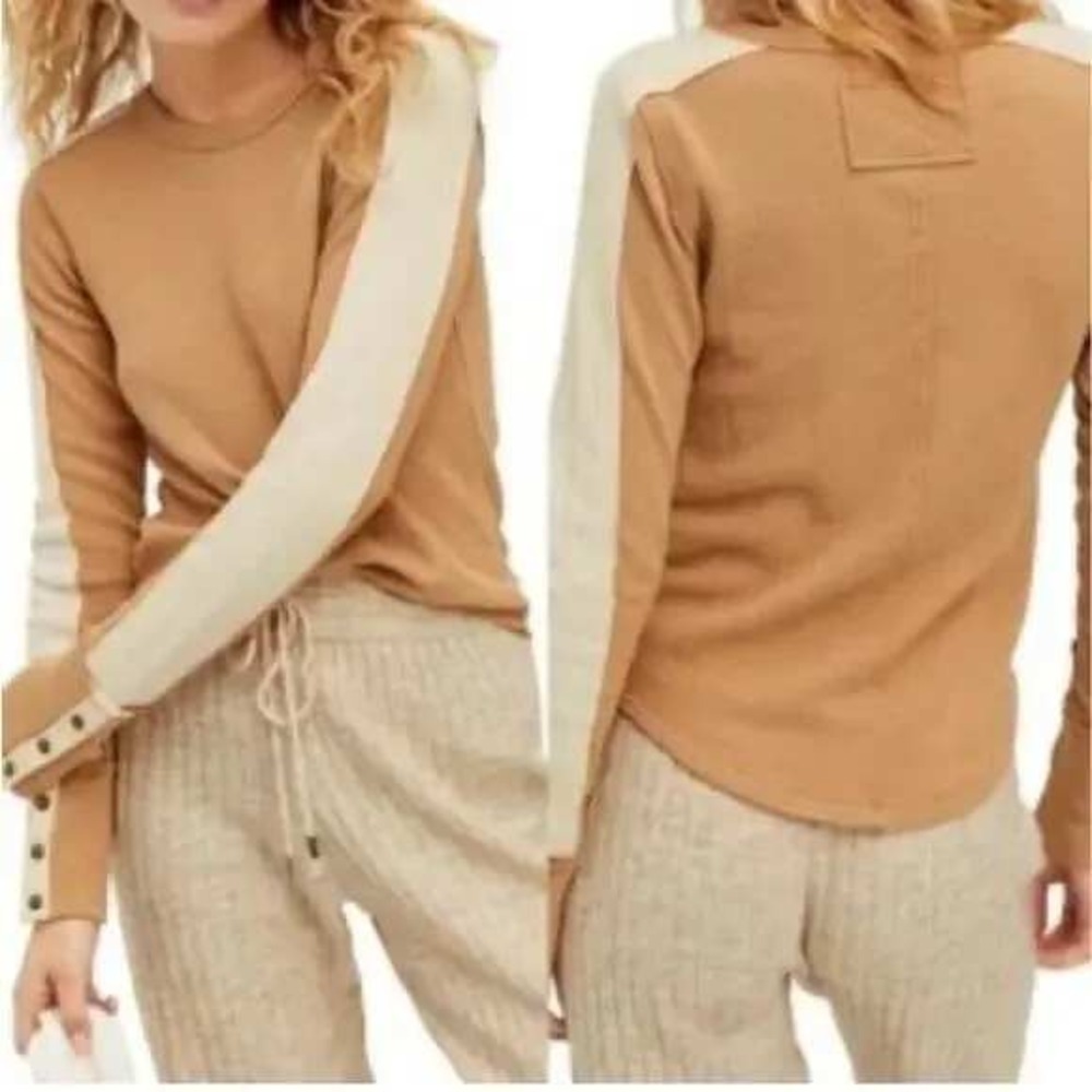 We the Free People Tasha Waffle Knit Snap Cuff Thermal‎ Top Camel Tan XS
